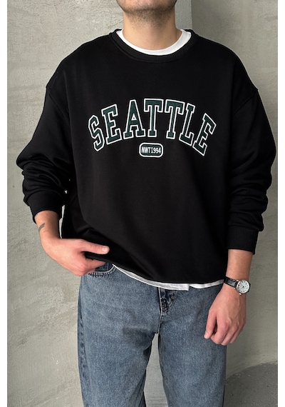 Erkek Seattle Baskılı Oversize Sweatshirt Çok Renkli