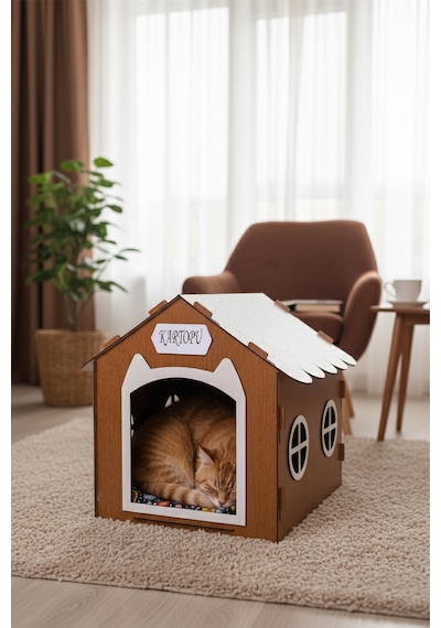 Ahşap Özel İsim Baskılı Dekoratif Kedi Evi-kulübesi, Kediler İçin Kulübe, Kedi Kulübesi Ceviz