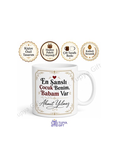 En Şanslı Çocuk Benim Babam Var Yazılı Kupa Bardak Babalar Günü Hediye Beyaz / Çok Renkli