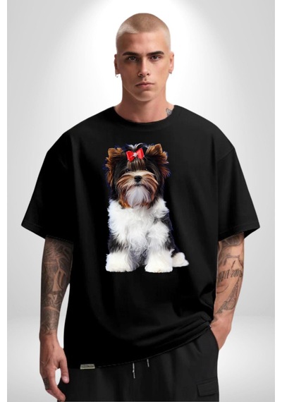 Biewer Yorshire Terrier Pamuklu Bisiklet Yaka Unisex Oversize Boyfriend Dijital Baskılı Siyah T-shirt Siyah