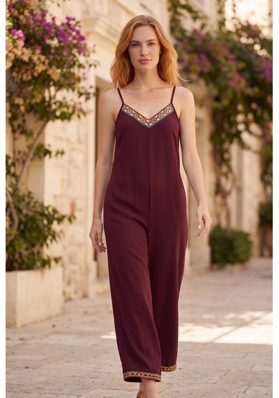 Soulshae Kadın Janjanlı Krep V Yaka İp Askılı Etnik Şeritli Geniş Paça Tulum Bordo