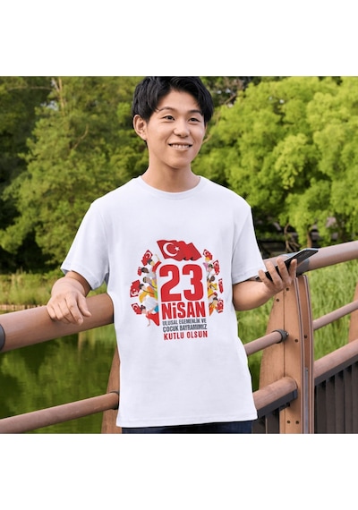 Alpşan Ticaret 23 Nisan Çocuk Bayramı Baskılı Çocuk Tişört 23 Nisan T-shirt 51 Beyaz