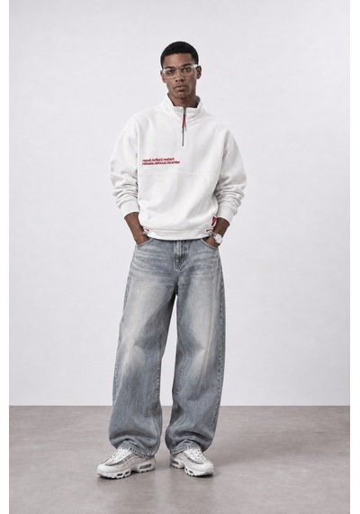 Respire Erkek Reset Baskılı Lastik Detaylı Half Zip Oversize Sweatshirt Ekru