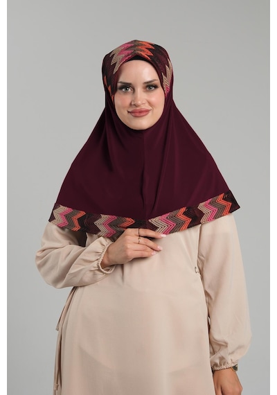 Hürrem Bone Bordo Pratik Hazır Geçmeli Tesettür Eşarp Sandy Renkli Desenli Fileli 2401 16 Bordo