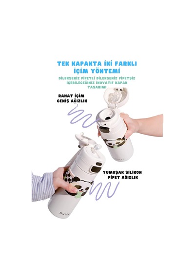 Diller 480ml Sevimli Hayvanlar Süslü Pipetli/pipetsiz El Askılı Paslanmaz Çelik Termos Panda