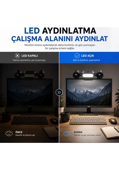 Polham Çift Fanlı Klipsli Led Monitör Lambası 360 Dönebilen Fan, 5 Kademe Hız, Sessiz Çalışma, Usb