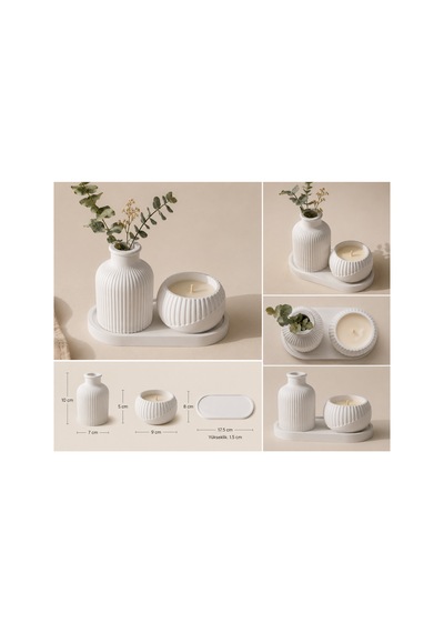 3 Lü Dekoratif Vazo Mum Ve Tepsi Seti Modern Ev Dekoru Beyaz - 909677033 Beyaz - 909677033