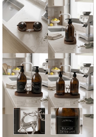 Amber Şişe Sabunluk Cam İkili Sıvı Sabun-bulaşık Deterjanı Mutfak Düzenleyici Lüks Gümüş Geyik Ahşap Stand 500ml