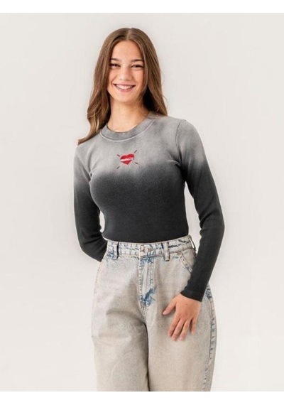 Kız Çocuk Mevsimlik Balıkçı Yaka Fitilli Kalp Detaylı Bluz-14241 Füme
