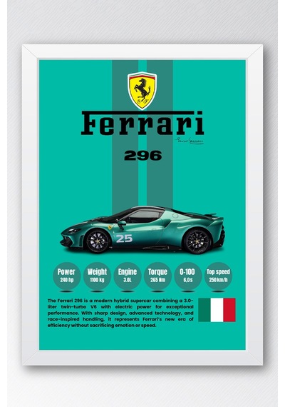 Ferrari 296 Premium Hibrit Süper Araba Tablosu - Teknik Özellikli İtalyan Otomobil Duvar Dekoru Beyaz