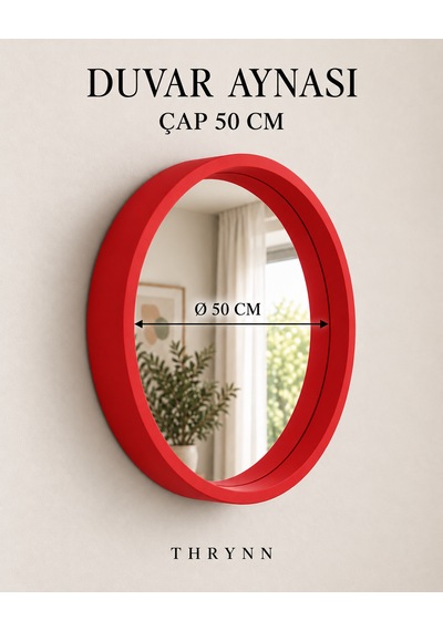 Dekoratif Duvar Aynası Yuvarlak Kırmızı Çerçeveli 50cm Kahverengi Şifonyer Ve Makyaj Masası Üstü
