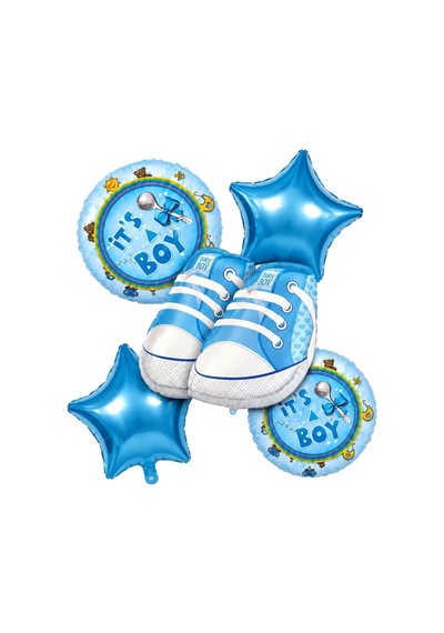 5 Li Baby Boy Ayakkabı Folyo Balon Seti Mavi Yıldızlı Erkek Bebek Baby Shower Süsü Mavi Beyaz