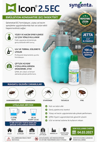 Syngenta Icon 2.5 Ec 100 Ml + Jetta 2 Lt Basınçlı El Pompası + Ölçüm Kabı Profesyonel Haşere Mücadele Seti Hamamböceği, Karasinek, Sivrisinek, Tatarcık Ve Pire