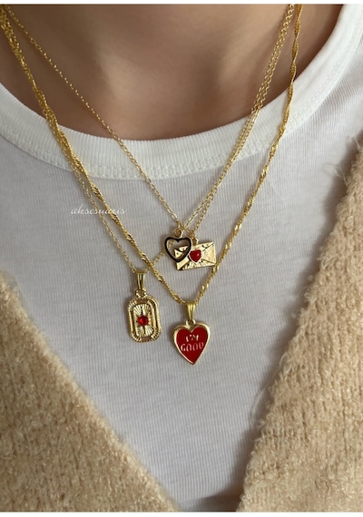 3'lü Gold Kırmızı Kalp Charm Love Kolye Set Altın Altın