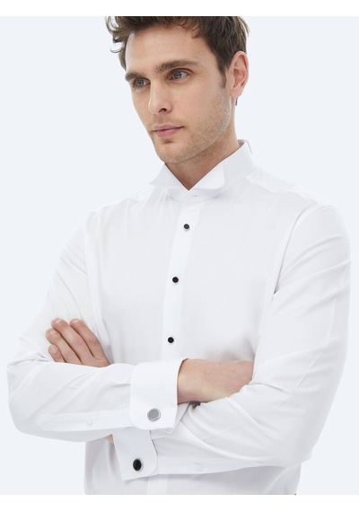 Kip Beyaz Düz Slim Fit Duble Manşet Smokin Gömlek