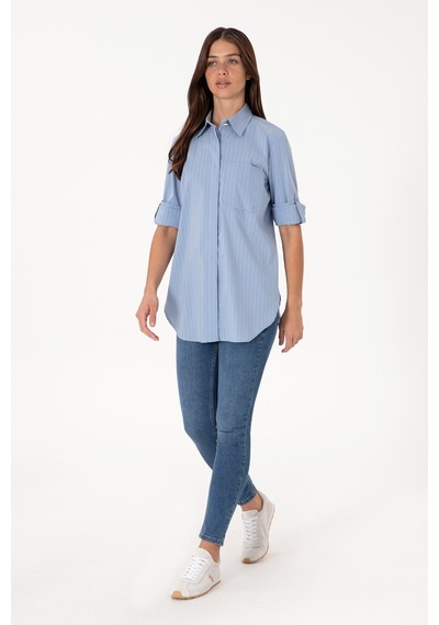 U.S. Polo Assn.  Kadın Mavi Uzun Kollu Çizgili Tunik Gömlek 50299523-VR036