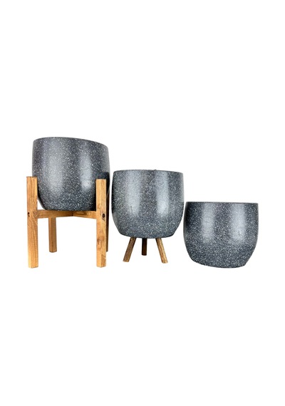 Bitki Tasarımı Ev Dekorasyon Aksesuar Gri Granit Toprak Saksı Saksılık Salon Çiçeklik Üçlü Set- 19 CM