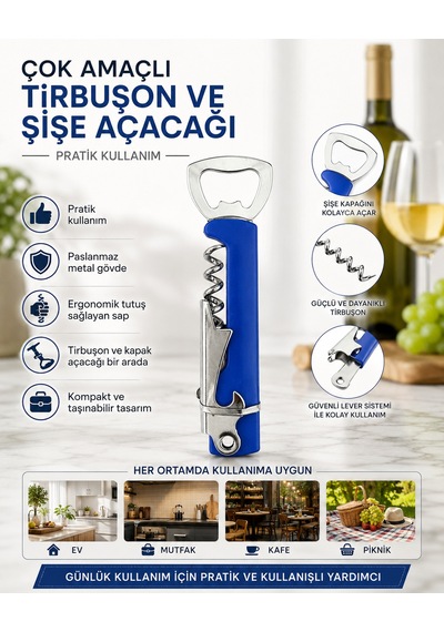 Çok Amaçlı Tirbuşon Ve Şişe Açacağı Paslanmaz Metal Gövdeli Ergonomik Saplı Kapak Açacak Çok Renkli