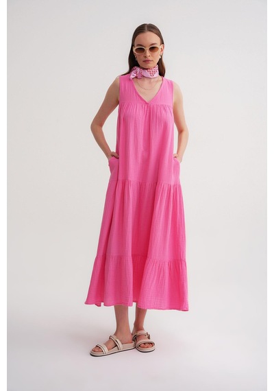 Mixray 4673 Kadın Büzgü Detaylı Müslin Elbise Pembe