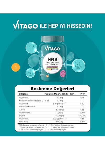 Vitago Hns Hair Nail Skin Biotin, Folik Asit, Vitamin E Ve Hidrolize Keratin İçeren 60 Adet Çiğnenebilir Gummies Form Takviye Edici Gıda