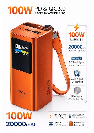 100w Pd Hızlı Şarj Powerbank 20.000mah Type-c Laptop Destekli Taşınabilir Şarj Cihazı, Alüminyum Gövde, Dijital Göstergeli Turuncu
