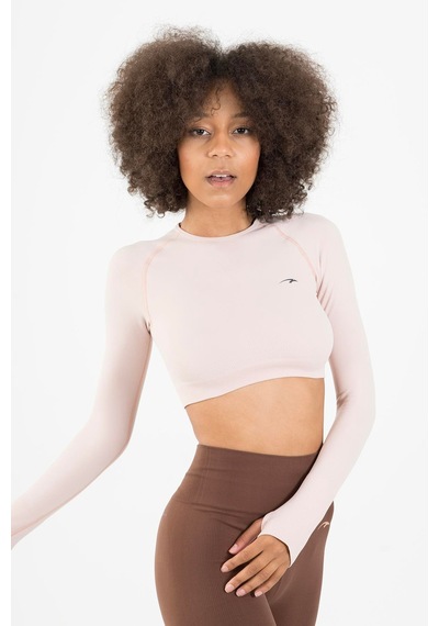 Maraton Active Slimfit Kadın Bisiklet Yaka Uzun Kol Training Pudra Crop Top 816005 Pudra