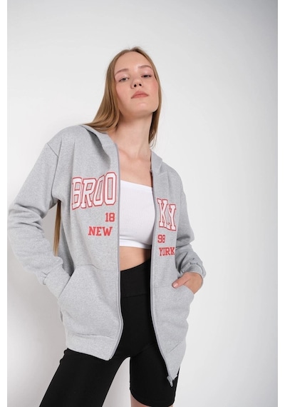Tarzsokak Kadın Gri Brooklyn Baskılı Oversize Hırka Brooklynhırka