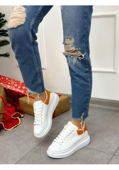 Erva'nın Butiği Beyaz Turuncu Queen Kadın Bağcıklı Sneakers-5023 Beyaz Turuncu Cilt