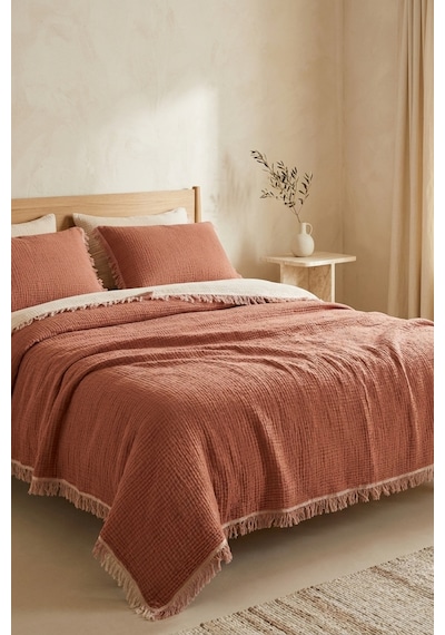 Natura Soft Ekru 4 Kat Müslin Çift Kişilik Yatak Örtüsü 220x230 Cm %100 Pamuk Çok Amaçlı Koltuk Örtüsü Ve Tv Battaniyesi Kırmızı