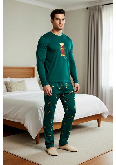 Benerly Kadın Bisiklet Yaka Uzun Kol Regular Fit Örme Pijama Takımı Fonks Yeşil