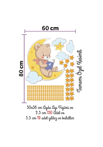 MSticker Ayda Kitap Okuyan Ayıcık Bulut Ve Yıldızlar Çocuk Bebek Odası Sticker Seti