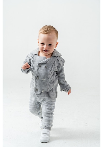 Babyhola Erkek Bebek Triko Hırka Pantolon Kışlık Takım 23110 Gri
