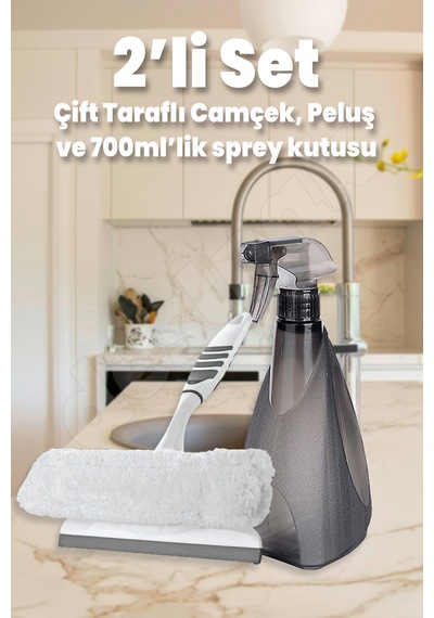 2'li Camçek Seti - 700ml Sprey Kutusu - Çift Taraflı Peluşlu Beyaz