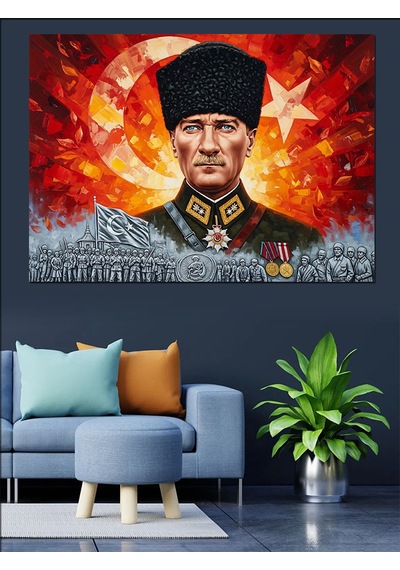 Türk Bayrağı Ve Kalpak Başlıklı Mareşal Mustafa Kemal Atatürk Dekoratif Kanvas - Mdf Ahşap Tablo
