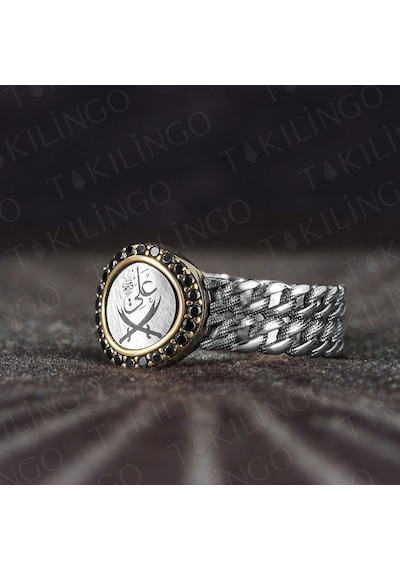 Takılingo 925 Ayar Gümüş Zirkon Taş Zülfikar İşlemeli Alyans Erkek Yüzük Gümüş