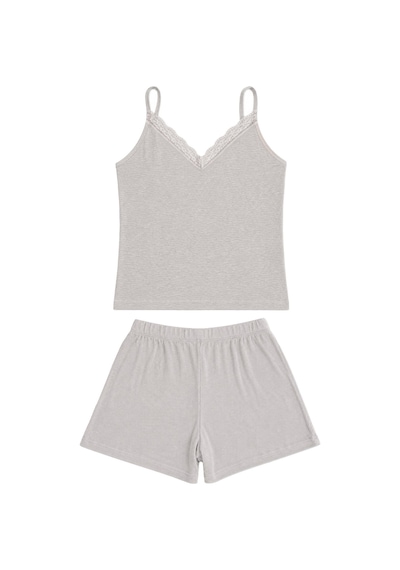 Cottonill Premium - Neat Collection Gri Dantel Detaylı Rib Dokulu Modal Viskon Kadın Şortlu Pijama Takımı