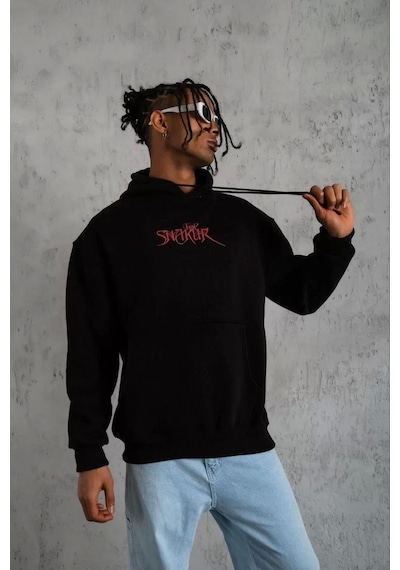 Erkek Baskılı Kapüşonlu Sweatshirt - Siyah