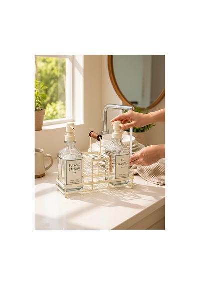 2 Hazneli Cam Mutfak Seti 500ml+500ml Sıvı Sabunluk Set Krem Diğer