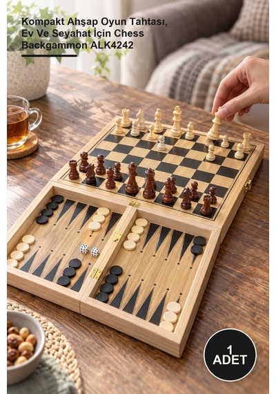 1 Adet Ahşap Satranç Ve Tavla Seti Kompakt Ahşap Oyun Tahtası, Ev Ve Seyahat İçin Chess Backgammon Alk4242