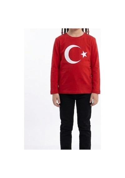 Es Eyüp Selda Kız Çocuk Ay Yıldız Türk Bayraklı Uzun Kollu Tişört Kırmızı