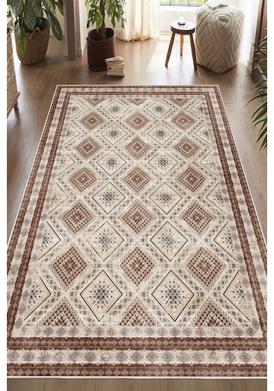 Dijital Baskılı Kilim Desen Dekoratif Kaymaz Taban Yıkanabilir Halı Yolluk Kahverengi