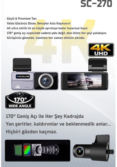 Kayıt Cihazı 4k 3.2'' Dokunmatik Ekran 2 Kameralı Araç İçi Kamera Sc-270