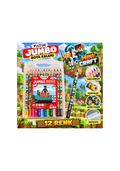 Mini Craft Jumbo Üçgen Kuru Boya Kalemi 12 Renk Sert Plastik Kutulu Çok Renkli