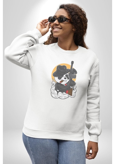Gangster Panda Unisex Beyaz Baskılı Sweatshirt Beyaz