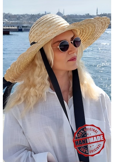 Uniquetrenders Kadın Galata Breeze Model Maxi Boy Kurdeleli Hasır Şapka Geniş Kenarlı Trend Günlük Ve Plaj Şapka Bej