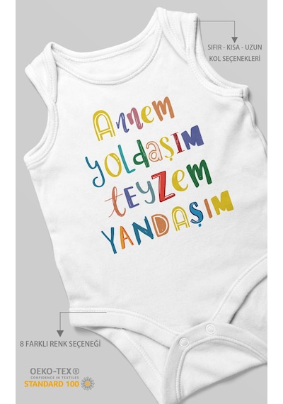 Annem Yoldaşım Teyzem Yandaşım Baskılı Bebek Zıbını Çıtçıtlı Body %100 Pamuk Sıfır Kol Beyaz