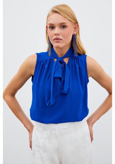 Sateen Fularlı Kolsuz Bluz - Saks Mavisi