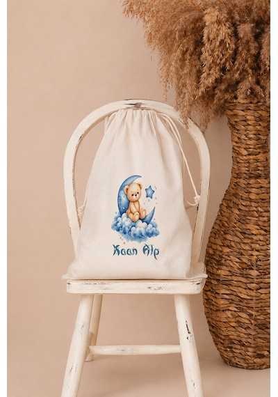 İsme Özel Erkek Bebek Çocuk Kıyafet Kesesi 30x40 Cm %100 Pamuk Ham Bez İsim Baskılı Yıkanabilir Kişiye Özel Kese 1070kk Ekru