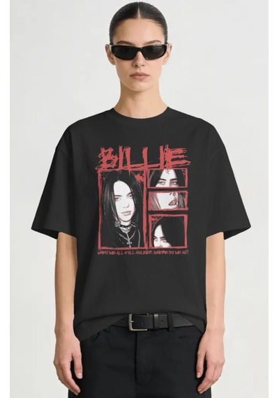 Sevbano Billie Eilish Şarkıcı Baskılı Unisex Oversize Premium Tişört Siyah