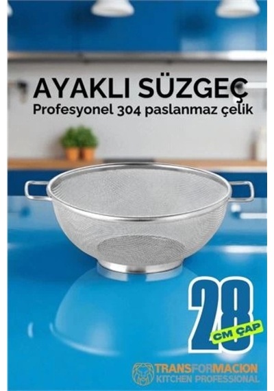 28 Cm Süzgeç - Makarna Süzgeci Pirinç Meyve Süzgeci 304 Paslanmaz Çelik Açık Camgöbeği